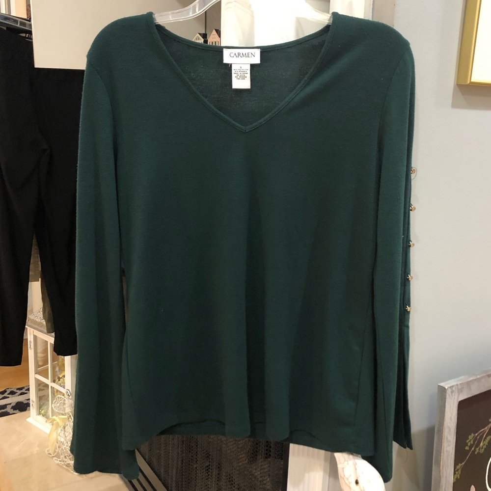 Carmen Marc Valvo Long Belled Flare Sleeve Forest Hunter Green & Gold Shirt Top